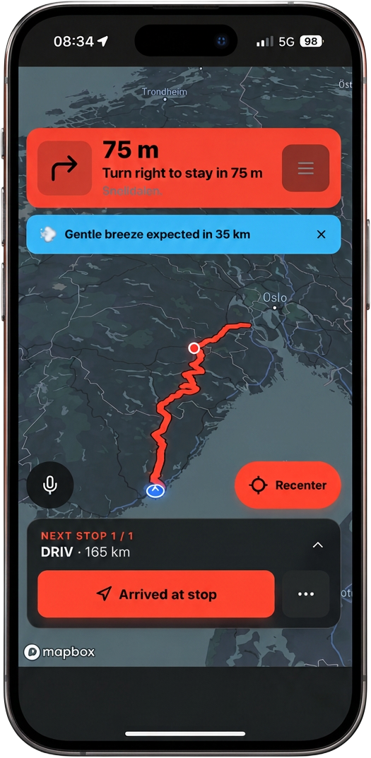 Detoor app guiding a rider through a turn-by-turn alert, weather hint, and stop progress on a coastal route